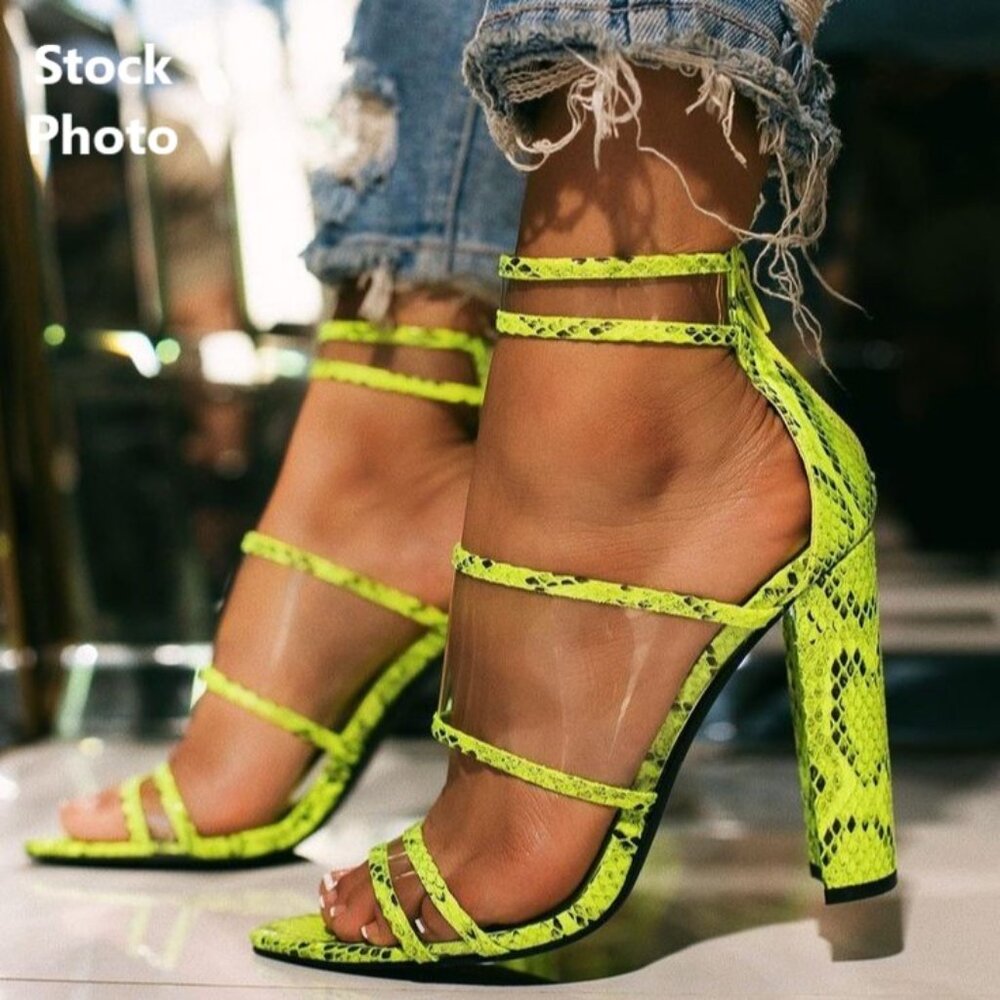 New w/o Box - Snakeskin Neon Yellow Chunky Heel - Ankle Strap - Clear Vamps